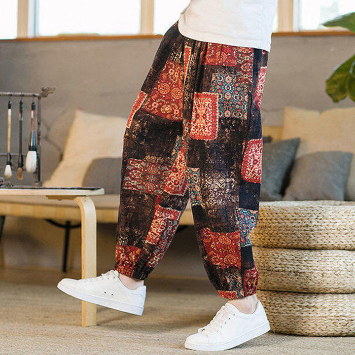 Pantalones harén de lino y algodón con diseño de patchwork cuadrado de verano Buddha Stones para hombre, hasta el tobillo, con bolsillos - image 7
