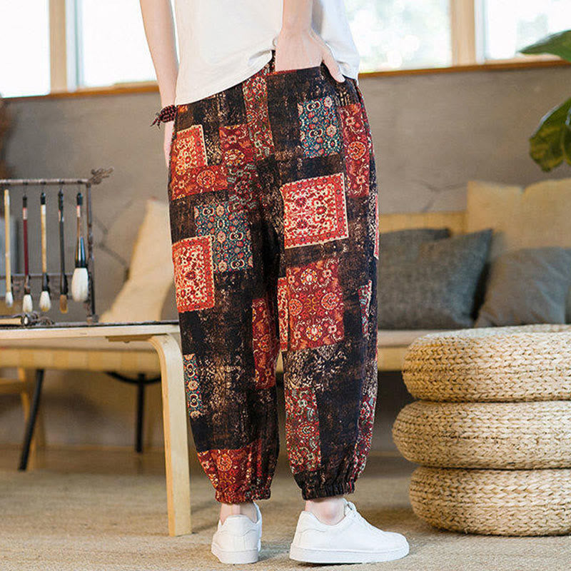 Pantalones harén de lino y algodón con diseño de patchwork cuadrado de verano Buddha Stones para hombre, hasta el tobillo, con bolsillos - image 3