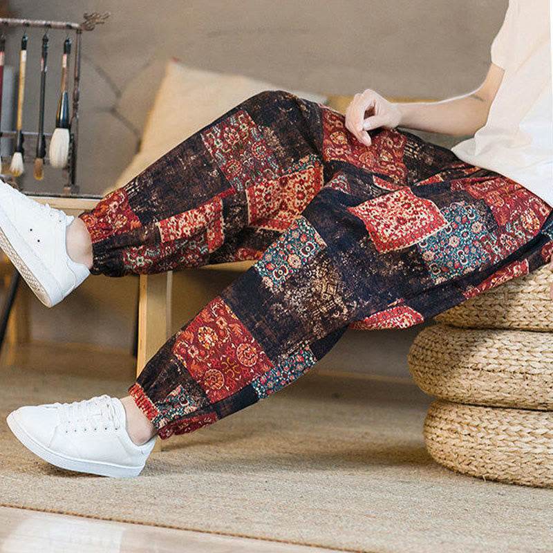Pantalones harem para hombre hasta el tobillo con bolsillos, estampado de patchwork cuadrado y Buddha Stones para el verano. - image 6