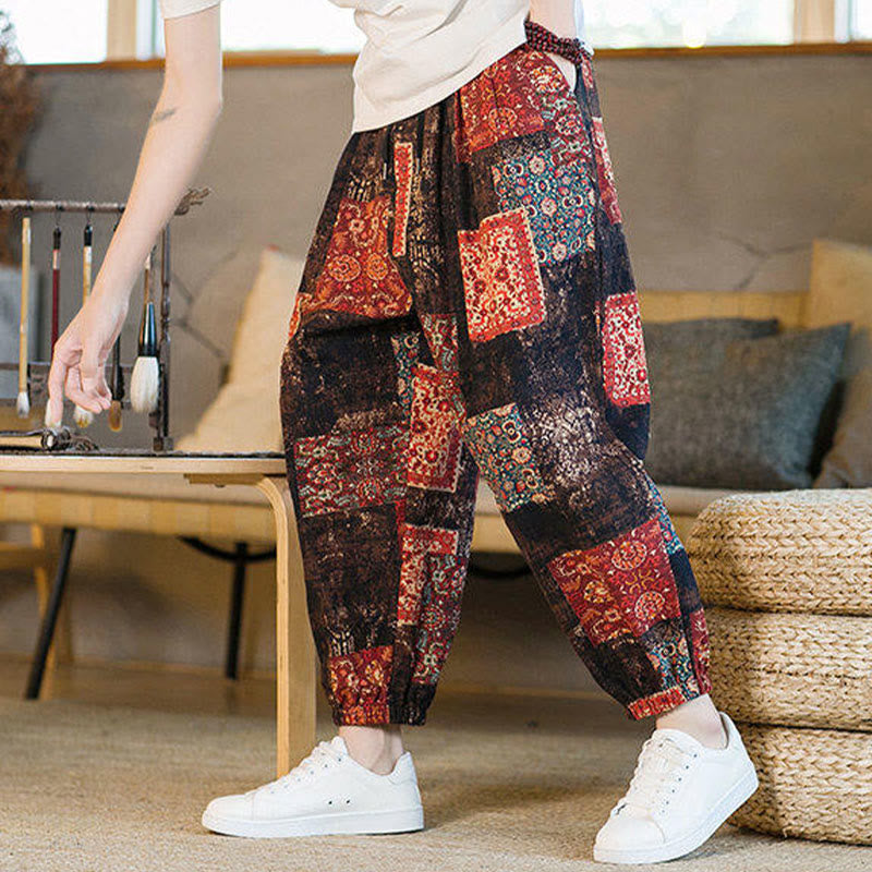 Pantalones harem para hombre hasta el tobillo con bolsillos, estampado de patchwork cuadrado y Buddha Stones para el verano. - image 5