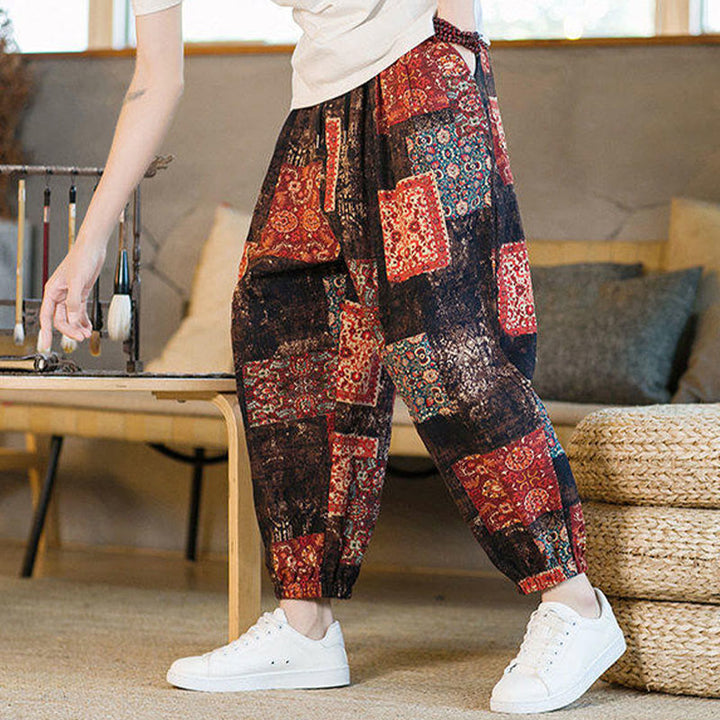 Pantalones harem para hombre hasta el tobillo con bolsillos, estampado de patchwork cuadrado y Buddha Stones para el verano. - image 5