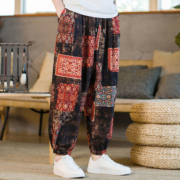 Pantalones harem para hombre hasta el tobillo con bolsillos, estampado de patchwork cuadrado y Buddha Stones para el verano. - image 4