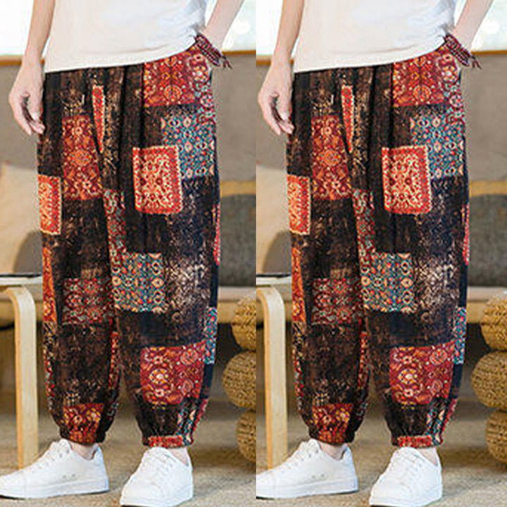 Pantalones harén de lino y algodón con diseño de patchwork cuadrado de verano Buddha Stones para hombre, hasta el tobillo, con bolsillos - image 8