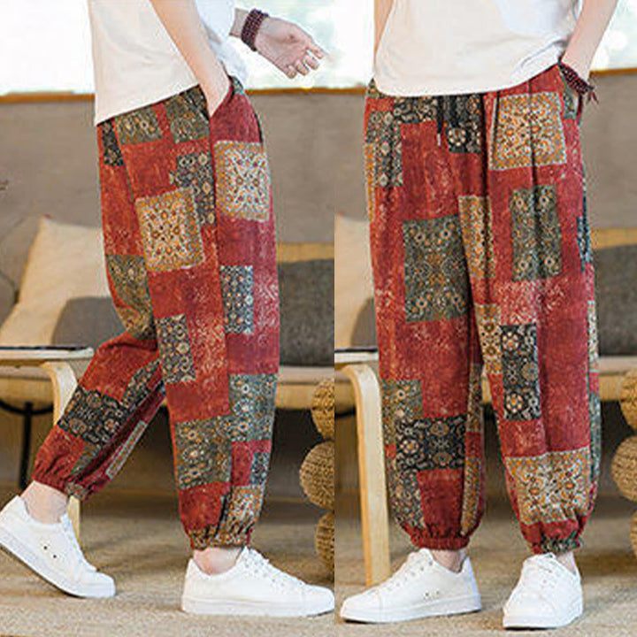 Pantalones harén de lino y algodón con diseño de patchwork cuadrado de verano Buddha Stones para hombre, hasta el tobillo, con bolsillos - image 17