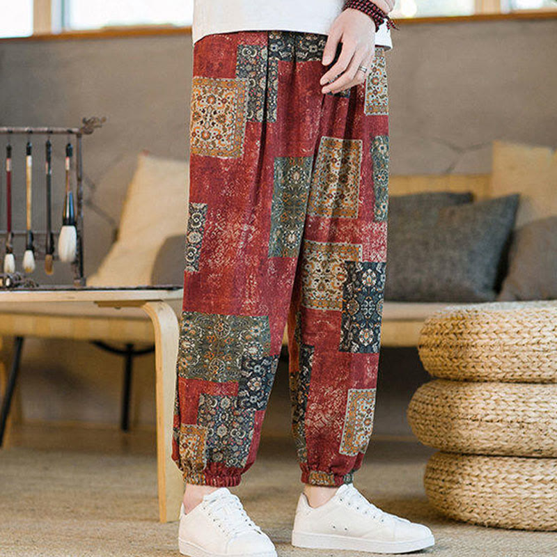 Pantalones harén de lino y algodón con diseño de patchwork cuadrado de verano Buddha Stones para hombre, hasta el tobillo, con bolsillos - image 12