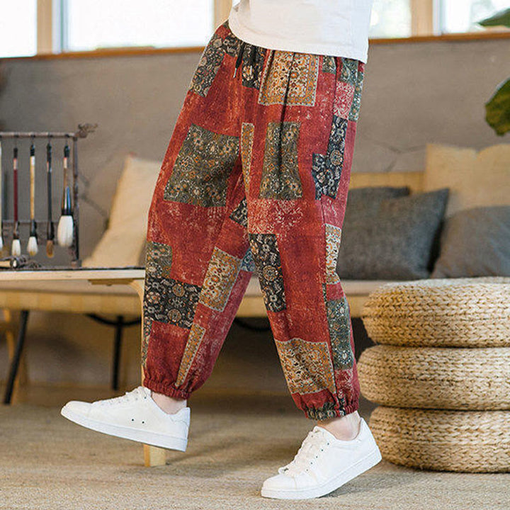Pantalones harén de lino y algodón con diseño de patchwork cuadrado de verano Buddha Stones para hombre, hasta el tobillo, con bolsillos - image 15