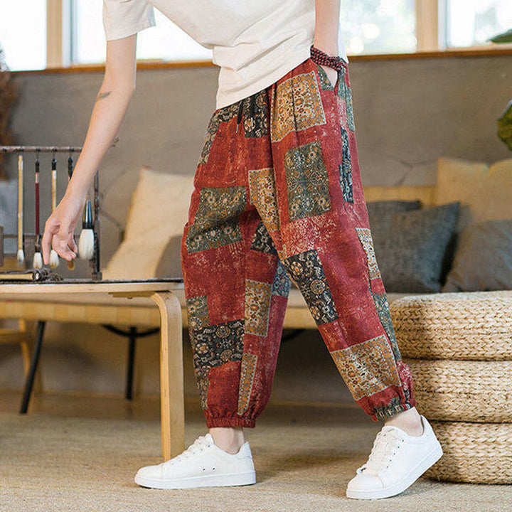 Pantalones harén de lino y algodón con diseño de patchwork cuadrado de verano Buddha Stones para hombre, hasta el tobillo, con bolsillos - image 14