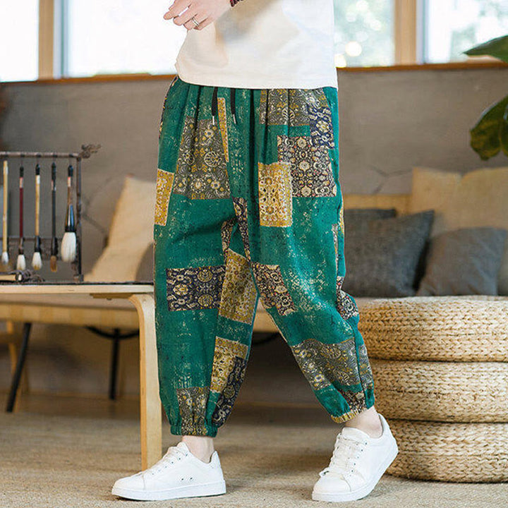 Pantalones harem para hombre hasta el tobillo con bolsillos, estampado de patchwork cuadrado y Buddha Stones para el verano. - image 20