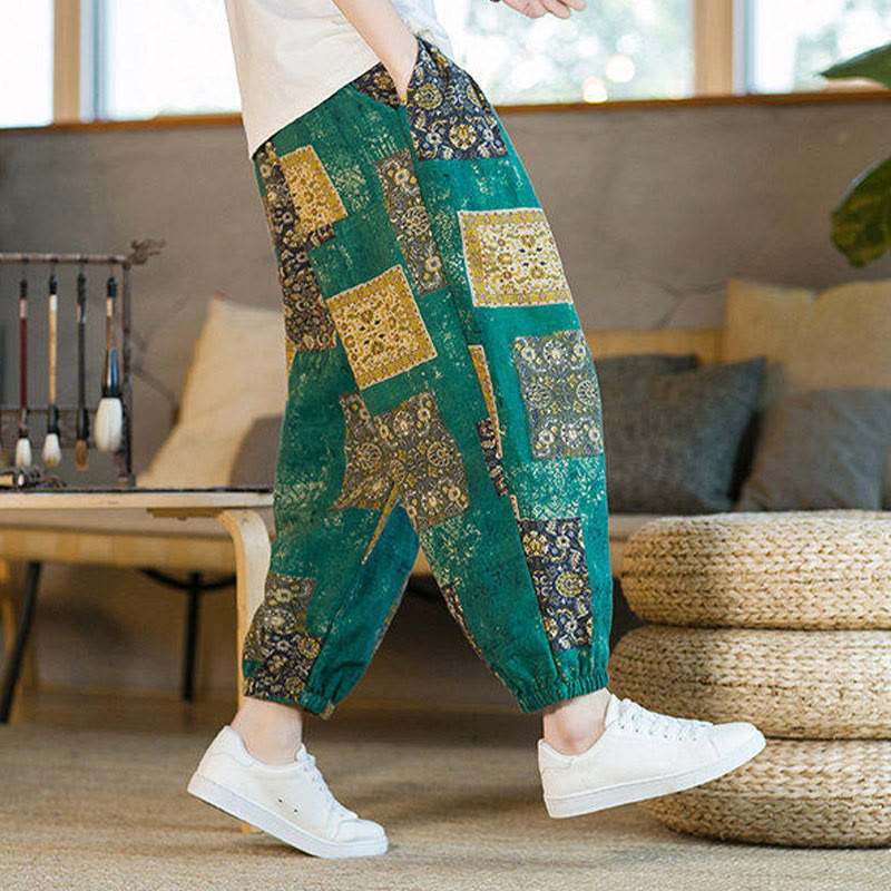 Pantalones harén de lino y algodón con diseño de patchwork cuadrado de verano Buddha Stones para hombre, hasta el tobillo, con bolsillos - image 24