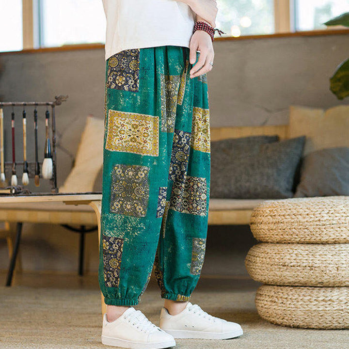 Pantalones harén de lino y algodón con diseño de patchwork cuadrado de verano Buddha Stones para hombre, hasta el tobillo, con bolsillos - image 23