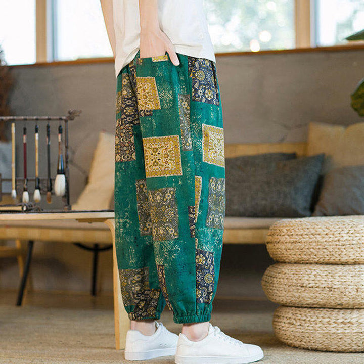 Pantalones harem para hombre hasta el tobillo con bolsillos, estampado de patchwork cuadrado y Buddha Stones para el verano. - image 21