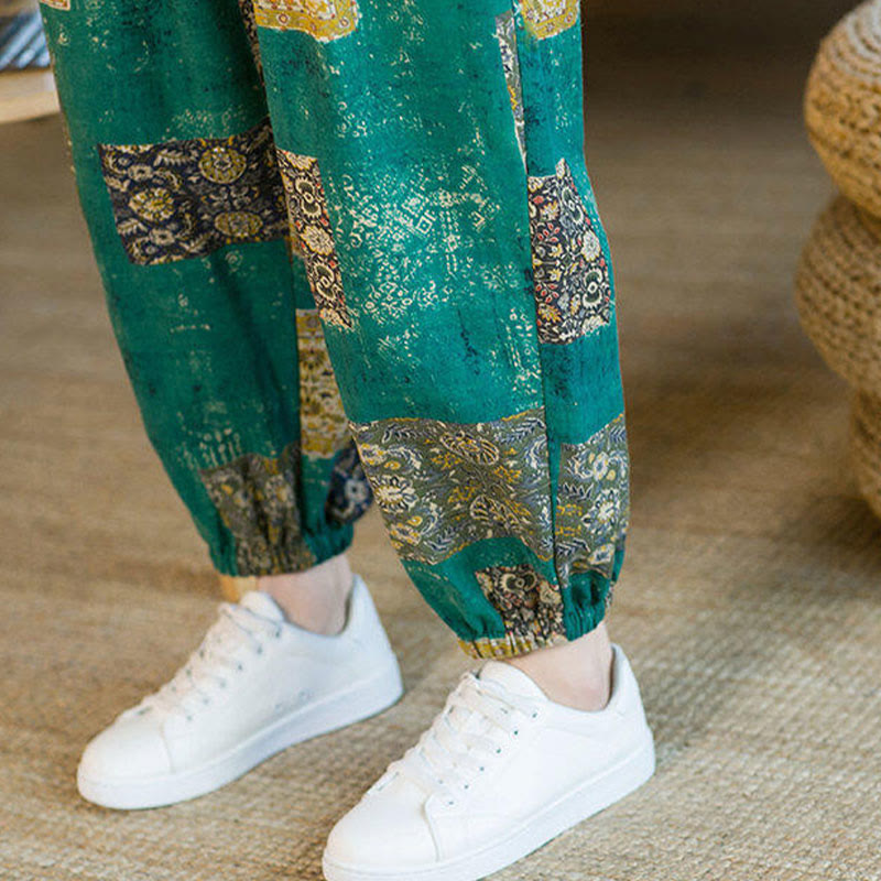 Pantalones harén de lino y algodón con diseño de patchwork cuadrado de verano Buddha Stones para hombre, hasta el tobillo, con bolsillos - image 28