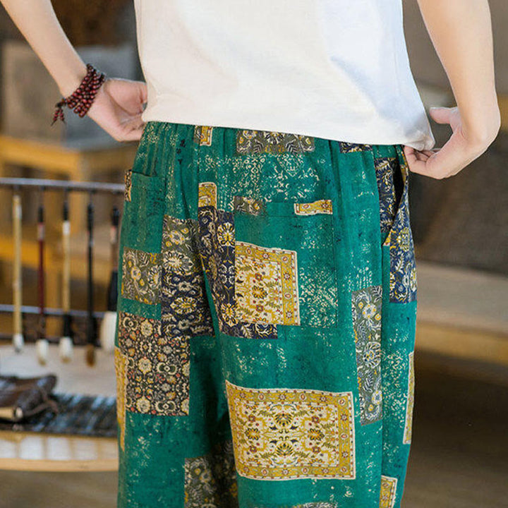 Pantalones harén de lino y algodón con diseño de patchwork cuadrado de verano Buddha Stones para hombre, hasta el tobillo, con bolsillos - image 25