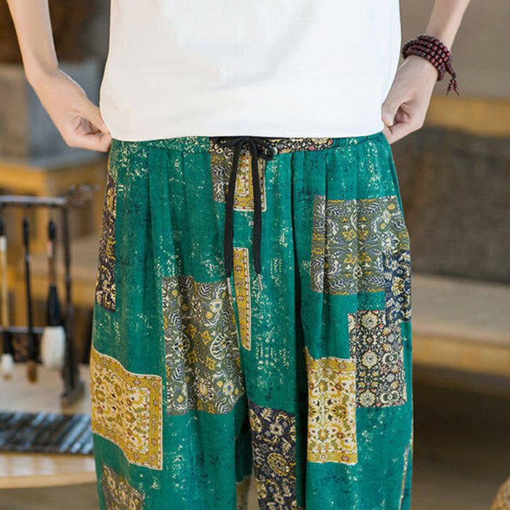 Pantalones harén de lino y algodón con diseño de patchwork cuadrado de verano Buddha Stones para hombre, hasta el tobillo, con bolsillos - image 26