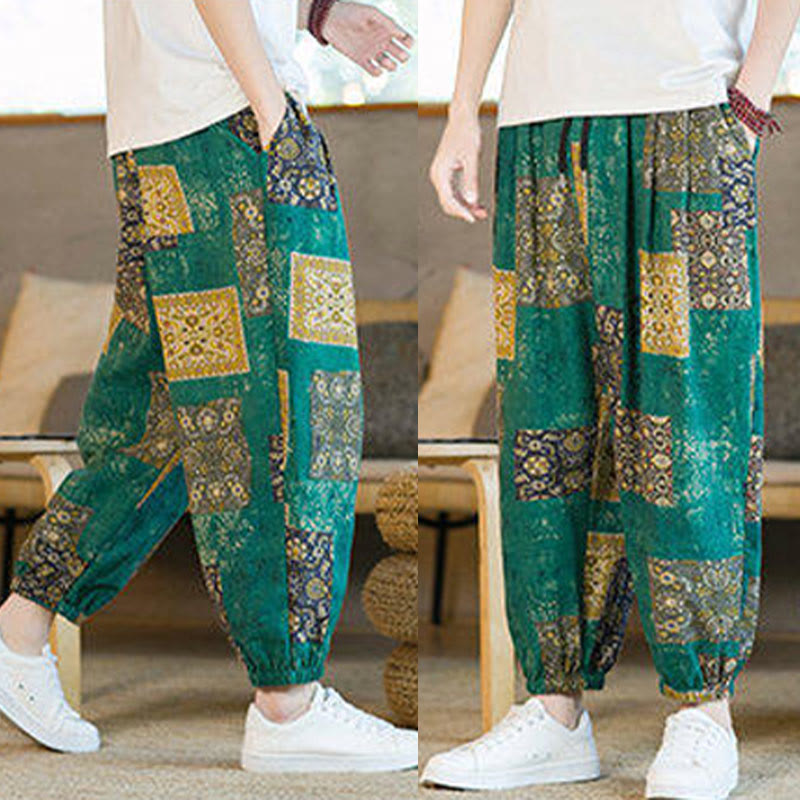 Pantalones harén de lino y algodón con diseño de patchwork cuadrado de verano Buddha Stones para hombre, hasta el tobillo, con bolsillos - image 30