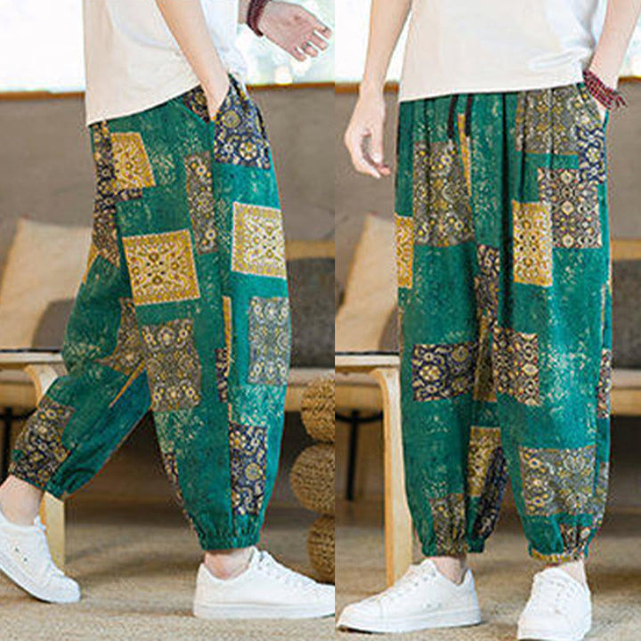 Pantalones harén de lino y algodón con diseño de patchwork cuadrado de verano Buddha Stones para hombre, hasta el tobillo, con bolsillos - image 30