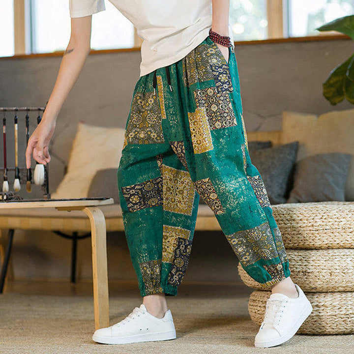 Pantalones harem para hombre hasta el tobillo con bolsillos, estampado de patchwork cuadrado y Buddha Stones para el verano. - image 22