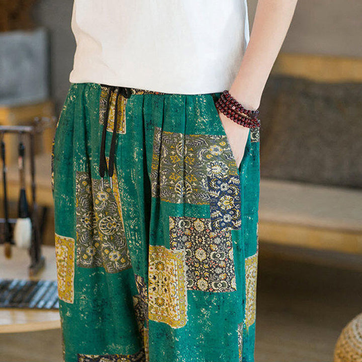 Pantalones harén de lino y algodón con diseño de patchwork cuadrado de verano Buddha Stones para hombre, hasta el tobillo, con bolsillos - image 27