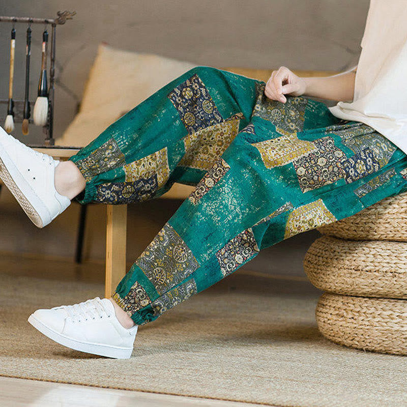 Pantalones harén de lino y algodón con diseño de patchwork cuadrado de verano Buddha Stones para hombre, hasta el tobillo, con bolsillos - image 29