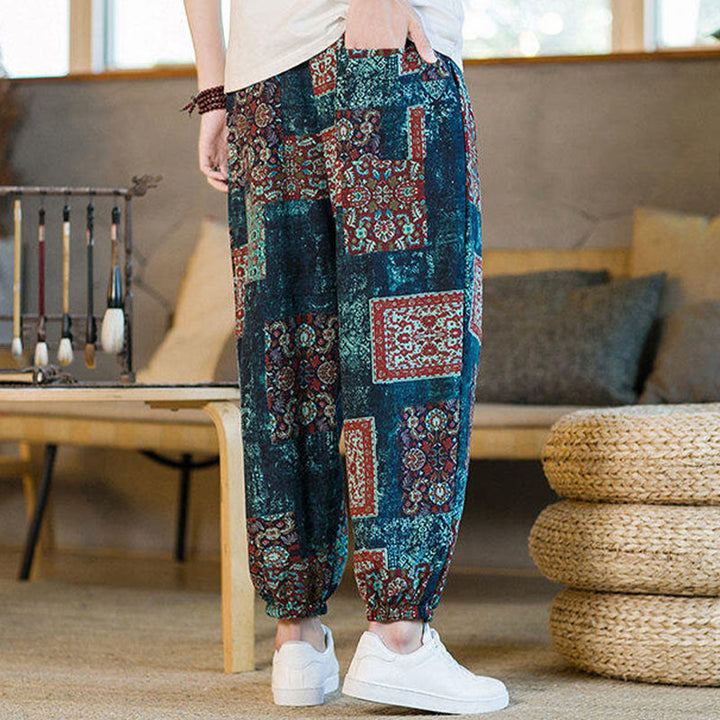 Pantalones harén de lino y algodón con diseño de patchwork cuadrado de verano Buddha Stones para hombre, hasta el tobillo, con bolsillos - image 35
