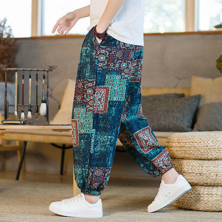 Pantalones harén de lino y algodón con diseño de patchwork cuadrado de verano Buddha Stones para hombre, hasta el tobillo, con bolsillos - image 34