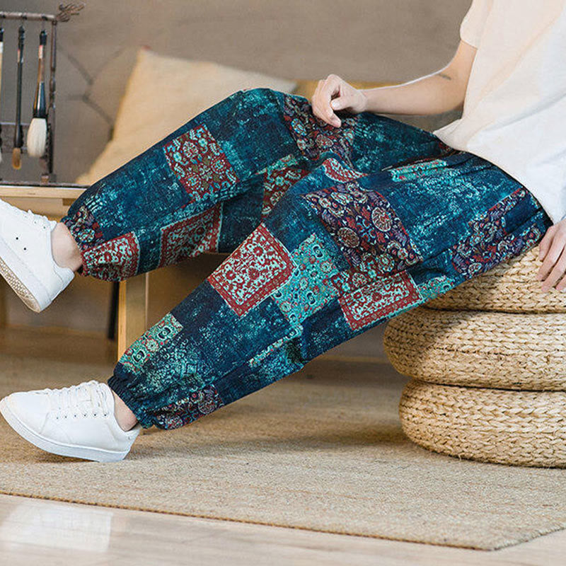 Pantalones harén de lino y algodón con diseño de patchwork cuadrado de verano Buddha Stones para hombre, hasta el tobillo, con bolsillos - image 39