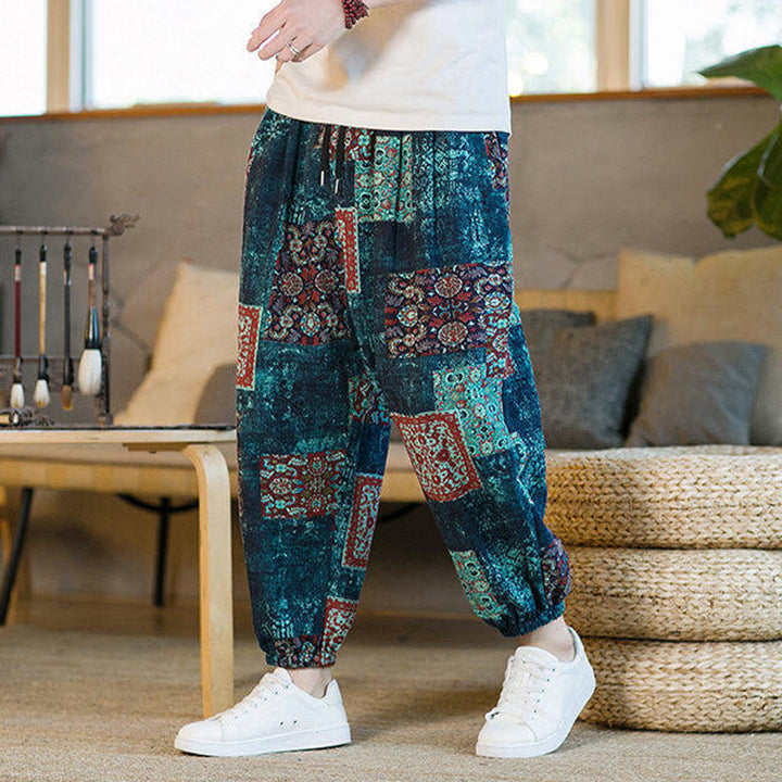 Pantalones harén de lino y algodón con diseño de patchwork cuadrado de verano Buddha Stones para hombre, hasta el tobillo, con bolsillos - image 33