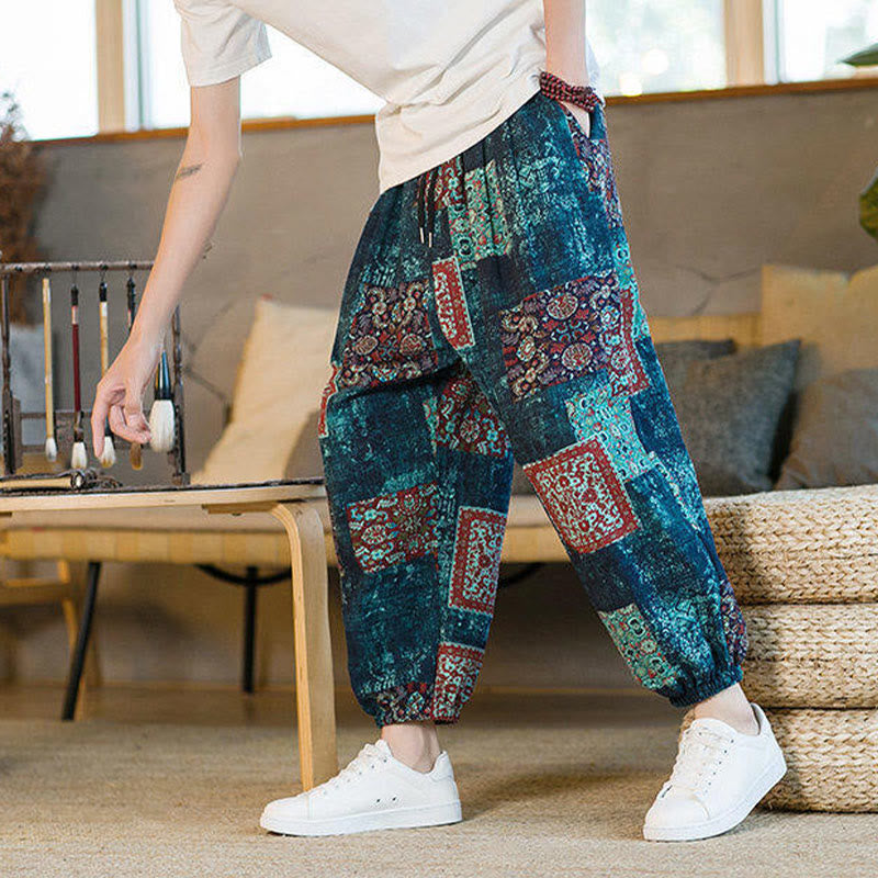 Pantalones harén de lino y algodón con diseño de patchwork cuadrado de verano Buddha Stones para hombre, hasta el tobillo, con bolsillos - image 36