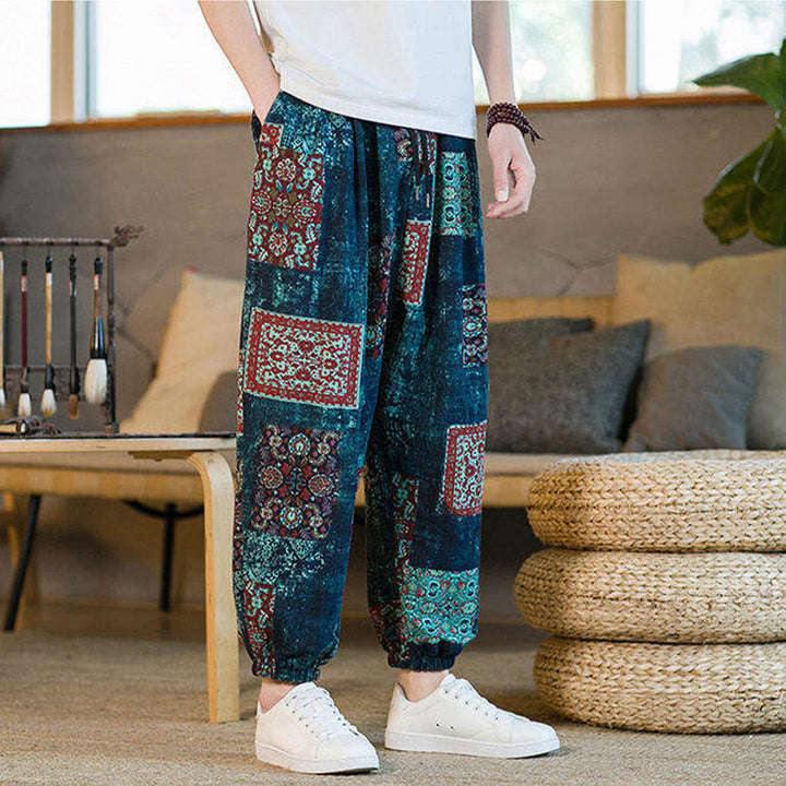 Pantalones harén de lino y algodón con diseño de patchwork cuadrado de verano Buddha Stones para hombre, hasta el tobillo, con bolsillos - image 37
