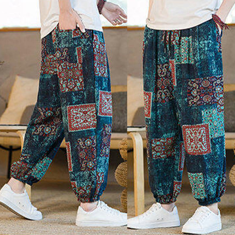 Pantalones harén de lino y algodón con diseño de patchwork cuadrado de verano Buddha Stones para hombre, hasta el tobillo, con bolsillos - image 38
