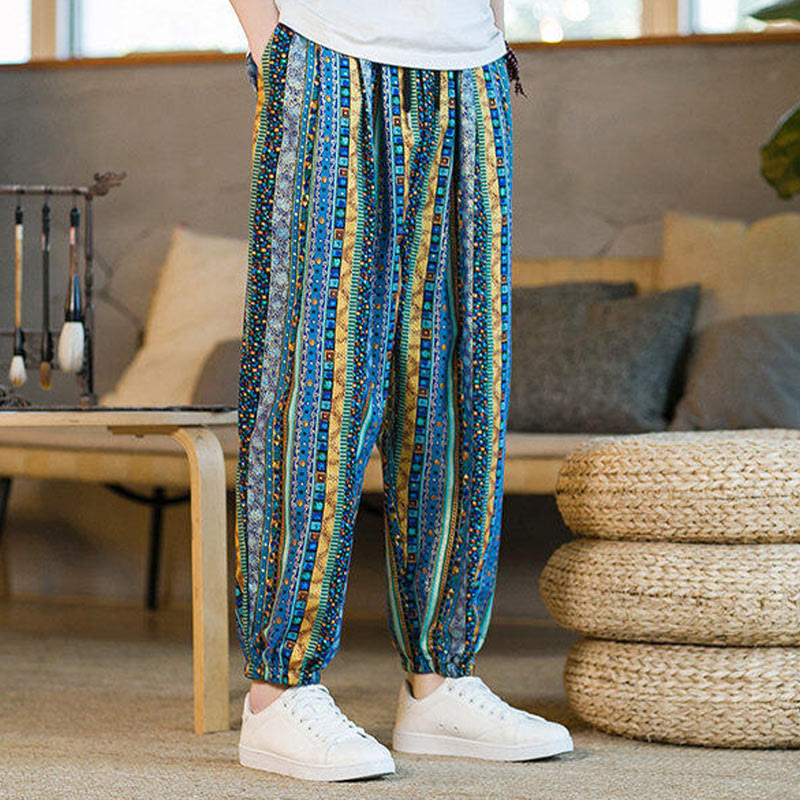 Pantalones harén de lino y algodón con rayas de colores de Buddha Stones para hombre, hasta el tobillo, con bolsillos - image 2