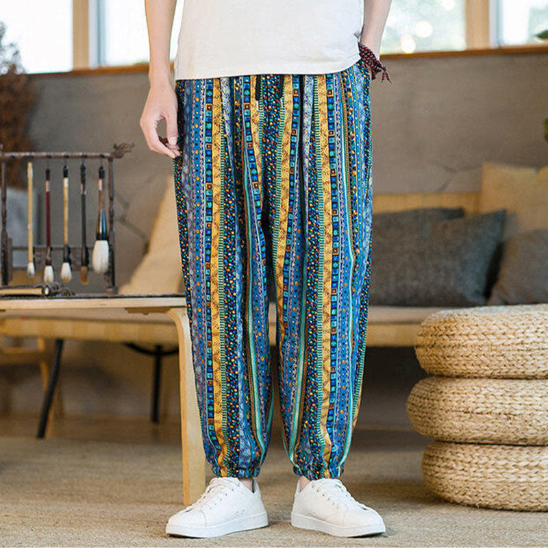 Pantalones harén de lino y algodón con rayas de colores de Buddha Stones para hombre, hasta el tobillo, con bolsillos - image 3