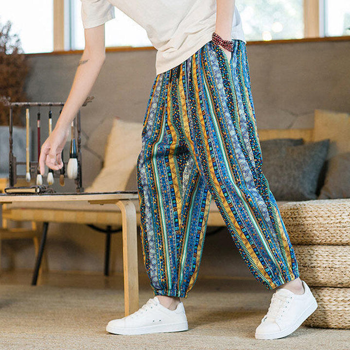 Pantalones harén de lino y algodón con rayas de colores de Buddha Stones para hombre, hasta el tobillo, con bolsillos - image 6