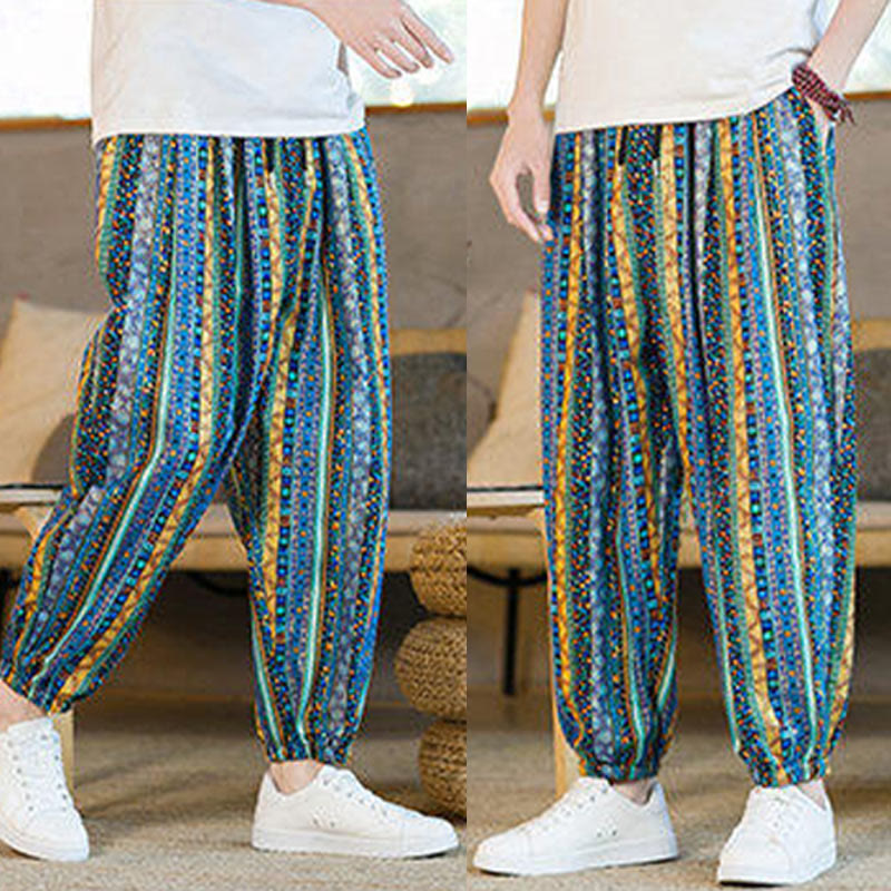 Pantalones harén de lino y algodón con rayas de colores de Buddha Stones para hombre, hasta el tobillo, con bolsillos - image 9