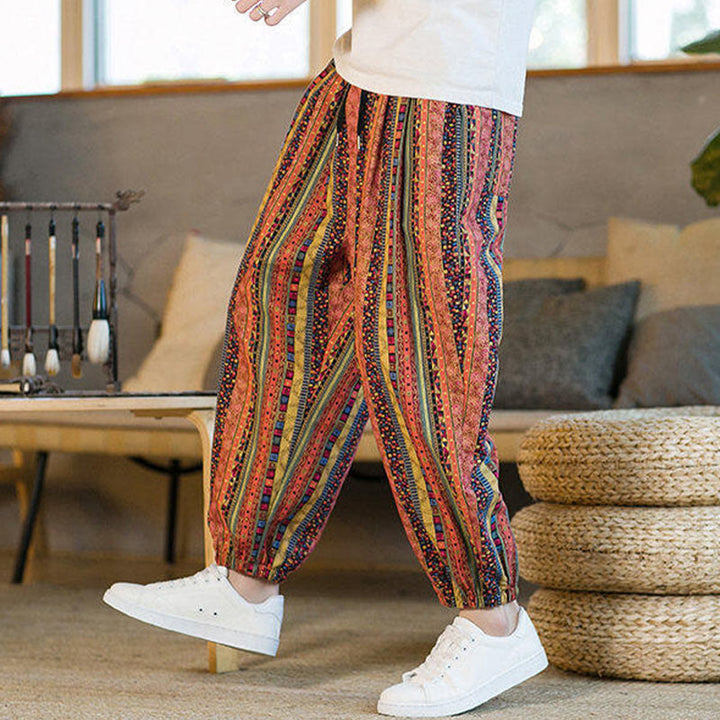 Pantalones harén de lino y algodón con rayas de colores de Buddha Stones para hombre, hasta el tobillo, con bolsillos - image 15