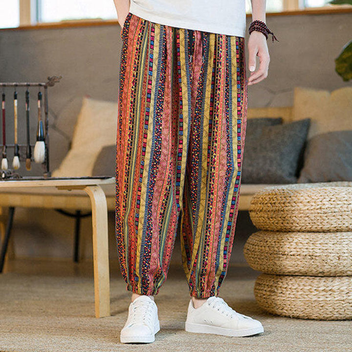 Pantalones harén de lino y algodón con rayas de colores de Buddha Stones para hombre, hasta el tobillo, con bolsillos - image 18