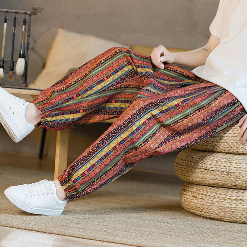 Pantalones harén de lino y algodón con rayas de colores de Buddha Stones para hombre, hasta el tobillo, con bolsillos - image 16