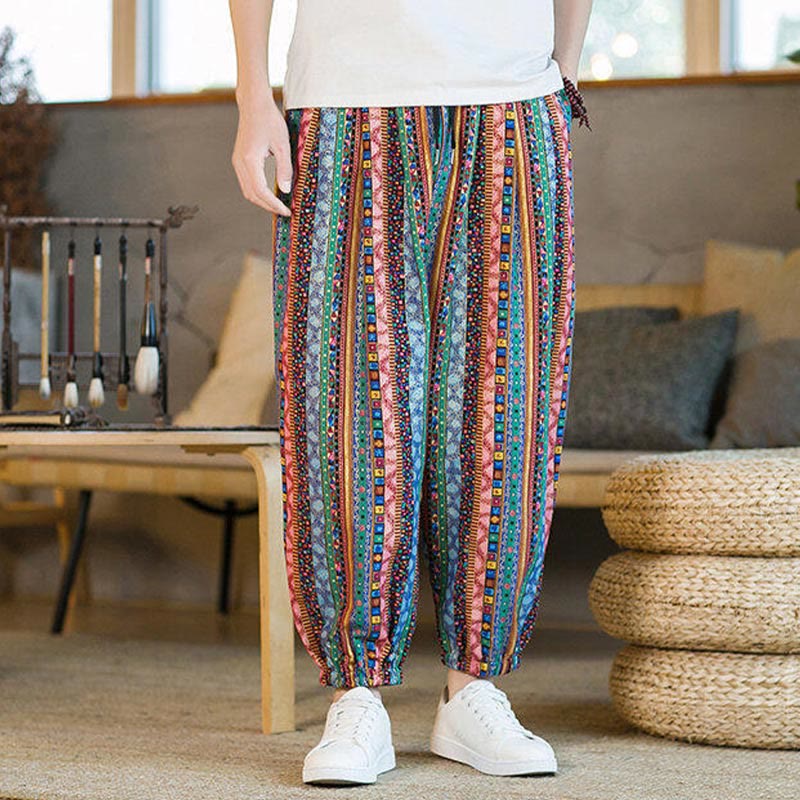 Pantalones harén de lino y algodón con rayas de colores de Buddha Stones para hombre, hasta el tobillo, con bolsillos - image 21