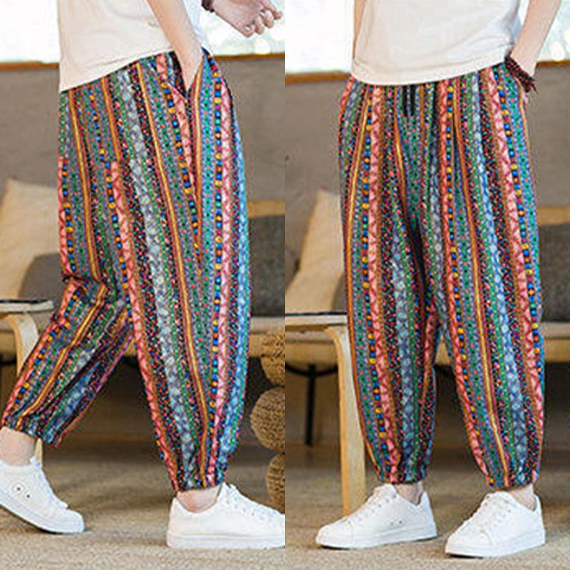 Pantalones harén de lino y algodón con rayas de colores de Buddha Stones para hombre, hasta el tobillo, con bolsillos - image 31