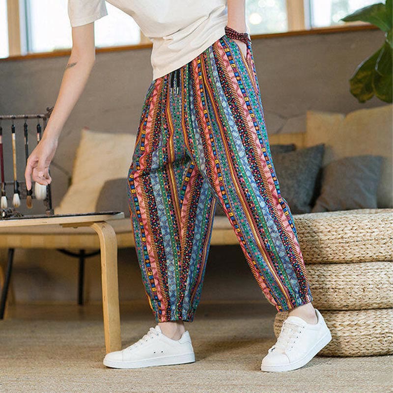 Pantalones harén de lino y algodón con rayas de colores de Buddha Stones para hombre, hasta el tobillo, con bolsillos - image 24