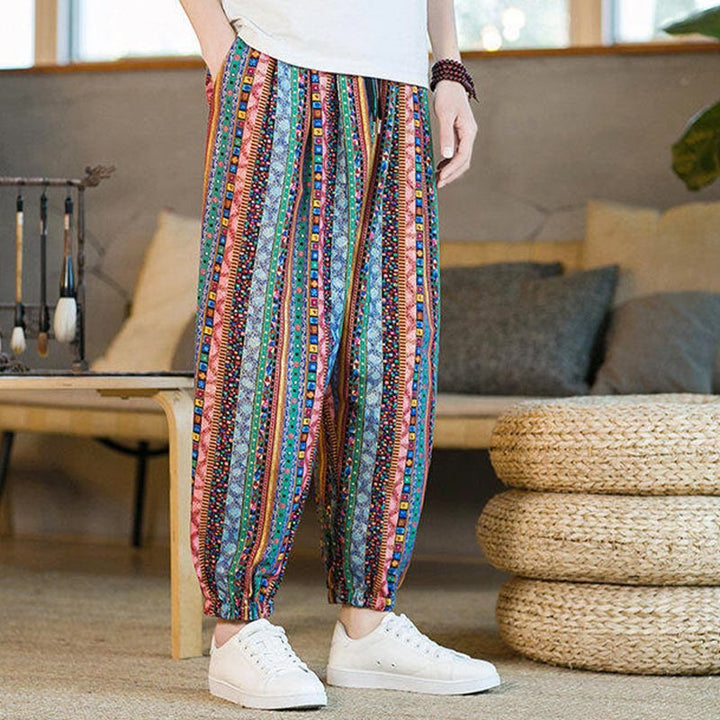Pantalones harén de lino y algodón con rayas de colores de Buddha Stones para hombre, hasta el tobillo, con bolsillos - image 23