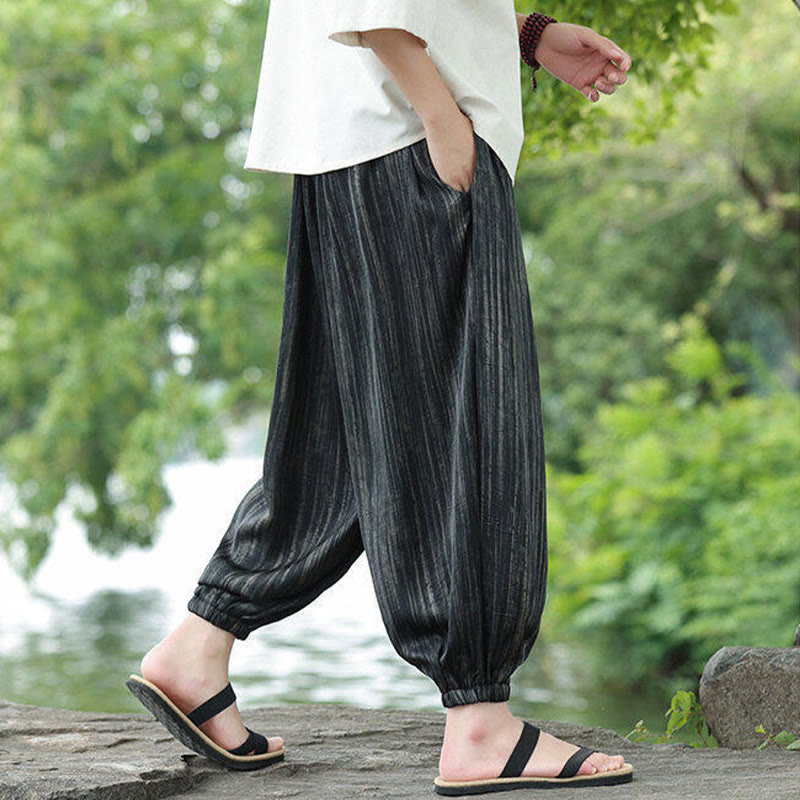 Pantalones harén con cordón y bolsillos para hombre, de verano, con rayas negras y Buddha Stones - image 3