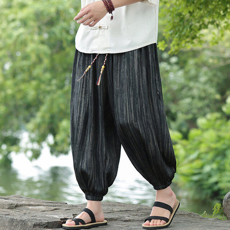 Pantalones harén con cordón y bolsillos para hombre, de verano, con rayas negras y Buddha Stones - Negro - US/UK/AU46, EU56 (5XL) - image 0