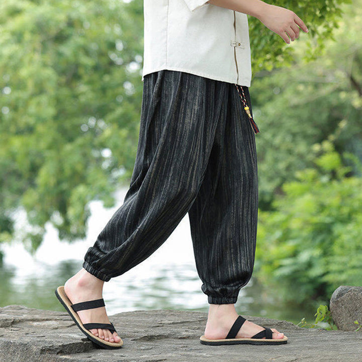 Pantalones harén con cordón y bolsillos para hombre, de verano, con rayas negras y Buddha Stones - image 7