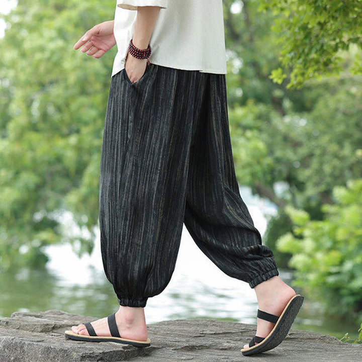 Pantalones harén con cordón y bolsillos para hombre, de verano, con rayas negras y Buddha Stones - image 4
