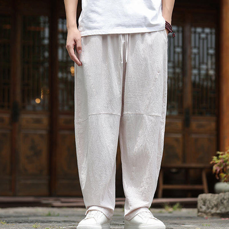 Pantalones de lino y algodón con cintura elástica y bolsillos para hombre con diseño de Buddha Stones - image 1