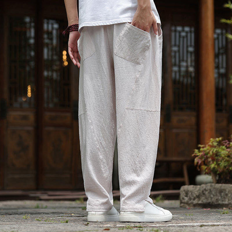 Pantalones de lino y algodón con cintura elástica y bolsillos para hombre con diseño de Buddha Stones - image 4
