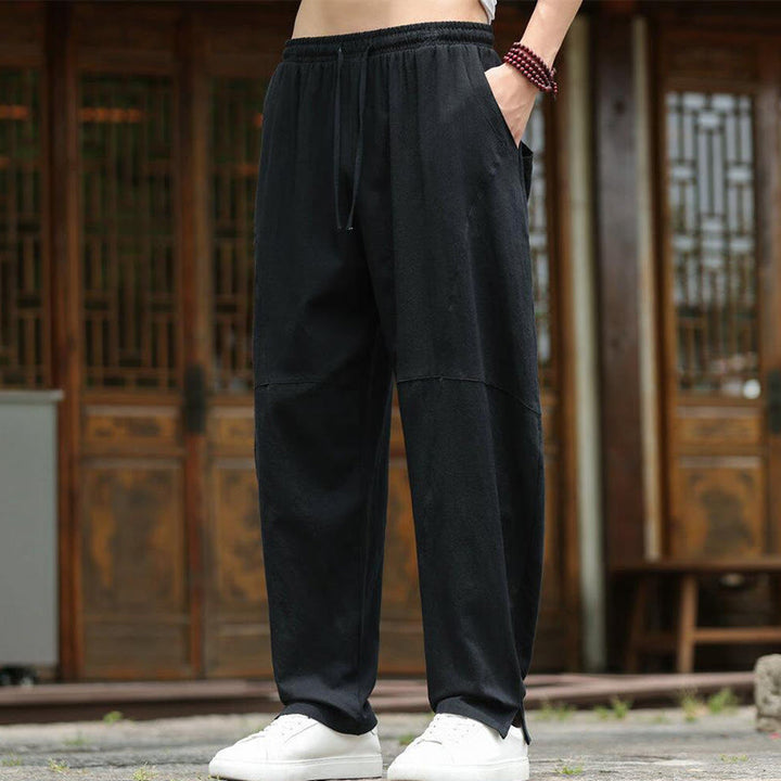 Pantalones de lino y algodón con cintura elástica y bolsillos para hombre con diseño de Buddha Stones - image 18