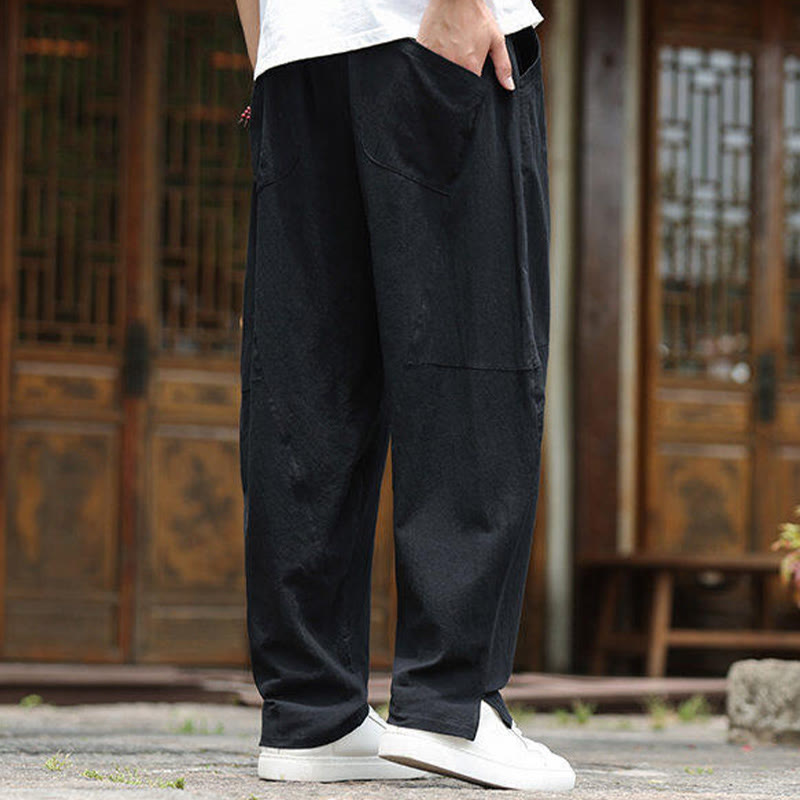 Pantalones de lino y algodón con cintura elástica y bolsillos para hombre con diseño de Buddha Stones - image 13