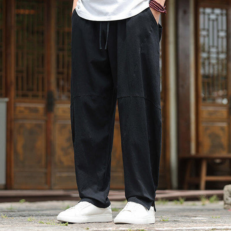 Pantalones de lino y algodón con cintura elástica y bolsillos para hombre con diseño de Buddha Stones - image 16